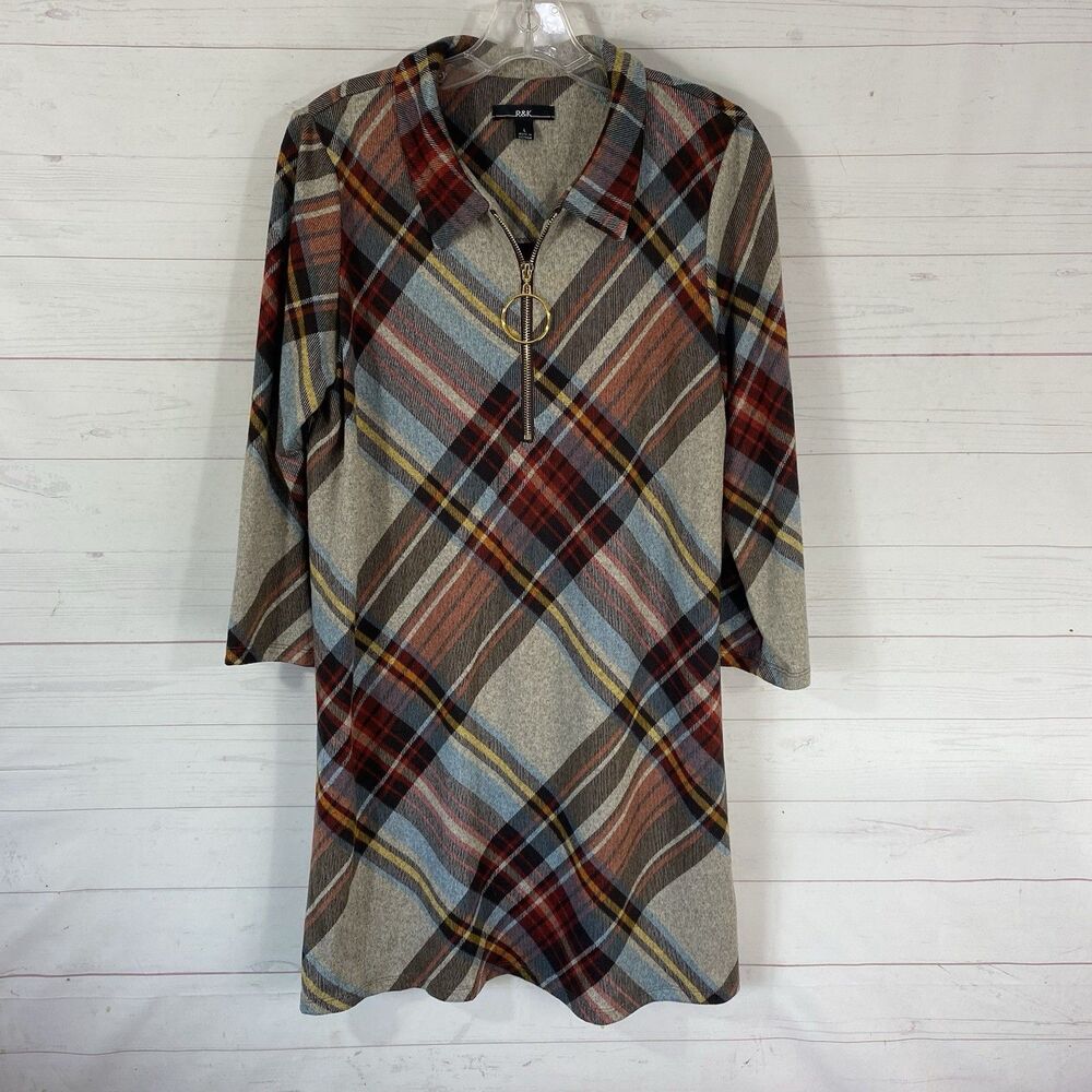 R&K Womens Plaid Flannel Mini Dress Sz Large Multicolor Lightweight Zip/Collared